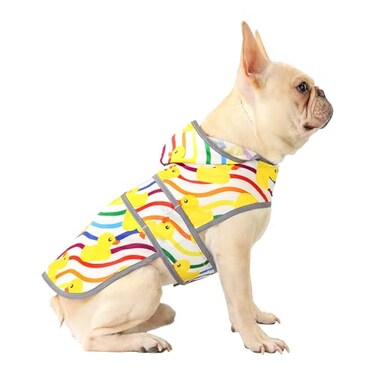 HAPPIERE Dog Raincoat for Medium Dogs Waterproof Jacket Hooded Rain Coats with Reflective Strips Leash Hole Poncho Adjustable Fit RainbowM