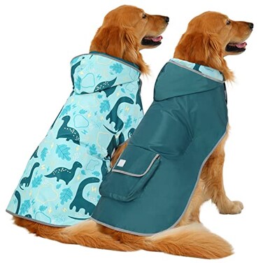 HDE Reversible Dog Raincoat Hooded Slicker Poncho Rain Coat Jacket for Small Medium Large Dogs Dinosaurs L