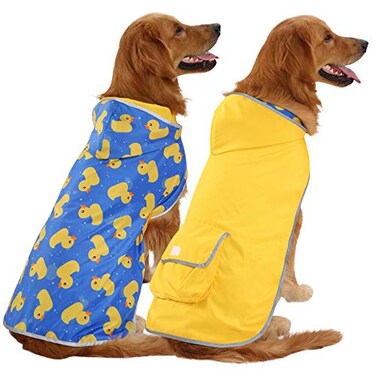 HDE Reversible Dog Raincoat Hooded Slicker Poncho Rain Coat Jacket for Small Medium Large Dogs Ducks Yellow L