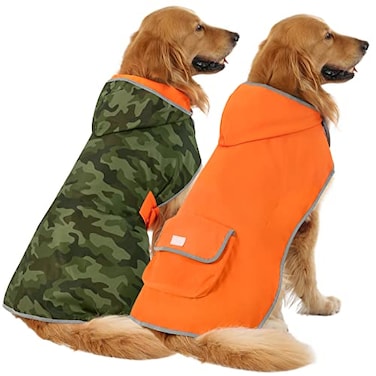 HDE Reversible Dog Raincoat Hooded Slicker Poncho Rain Coat Jacket for Small Medium Large Dogs Camo Orange L
