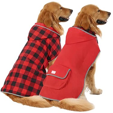 HDE Reversible Dog Raincoat Hooded Slicker Poncho Rain Coat Jacket for Small Medium Large Dogs Buffalo Plaid Red L