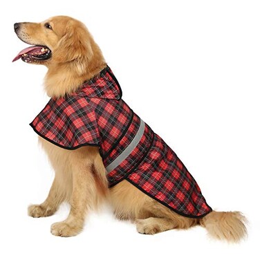 HDE Dog Raincoat Jacket Reflective Adjustable Hooded Pet Poncho Rain Coat with Leash Hole for Small to XLarge Dogs Plaid L