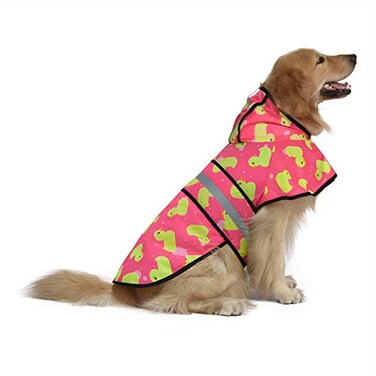 HDE Dog Raincoat Jacket Reflective Adjustable Hooded Pet Poncho Rain Coat with Leash Hole for Small to XLarge Dogs Pink Ducks XL