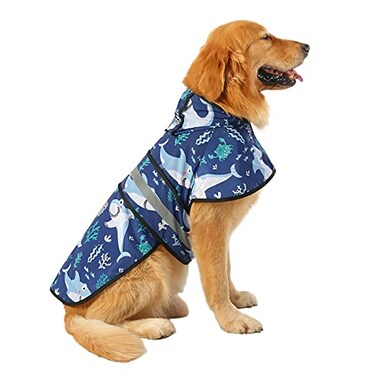 HDE Dog Raincoat Jacket Reflective Adjustable Hooded Pet Poncho Rain Coat with Leash Hole for Small to XLarge Dogs Sharks XL