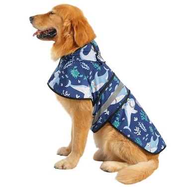 HDE Dog Raincoat Jacket Reflective Adjustable Hooded Pet Poncho Rain Coat with Leash Hole for Small to XLarge Dogs Sharks L