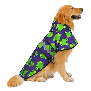 HDE Dog Raincoat Jacket Reflective Adjustable Hooded Pet Poncho Rain Coat with Leash Hole for Small to XLarge Dogs Frogs L