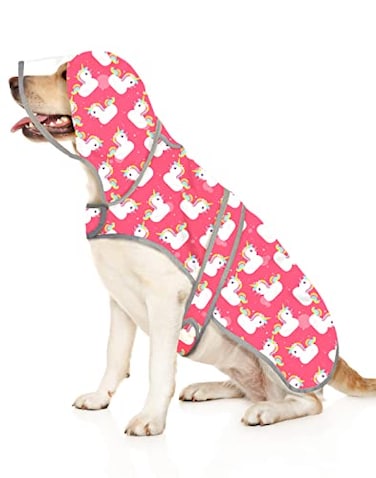 HDE Dog Raincoat with Clear Hood Rain Jacket Poncho for Small Medium Large Dogs Unicorn Ducks Pink L