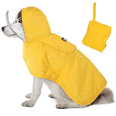Lukovee Dog Raincoat Adjustable Dog Rain Jacket with Clear Hooded Double Layer for Large Medium Small Dogs Puppies Waterproof Rain Coat Poncho with Reflective Storage Pocket Rim Yellow L