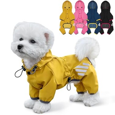 Miucat Dog Raincoat Waterproof Dog Rain Jacket with Hood Rain Coat with Leash Hole Reflective Strap for Small Medium Dogs Lightweight Puppy ClothesYellowS