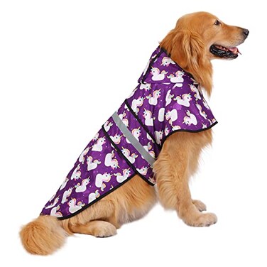 HDE Dog Raincoat Jacket Reflective Adjustable Hooded Pet Poncho Rain Coat with Leash Hole for Small to XLarge Dogs Purple Unicorn Ducks L
