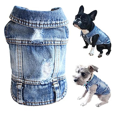 Tealots Jean Jacket Puppy Blue Denim Lapel Vest Coat Costume Dog Boy Girl TShirt Clothes Cool Funny Apparel Outfits Machine Washable Dog Cat Outfits S Medium