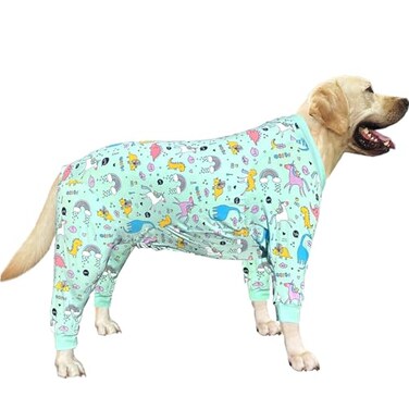 PriPre Dog Cotton Pajamas with Dinosaur Pattern Rainbow Unicorn Onesie Jumpsuit for Large Dogs Full Coverage Sleeper Pets Shirts pjs3XLBlue Dinosaur