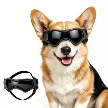 PETLESO Dog Goggles Medium Breed Small Dog Sunglasses AntiUV Goggles for Pet Eyes Protection Adjustable Straps Black M