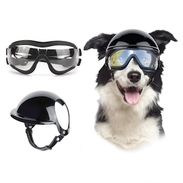 Billionchains Dog Goggles and Helmet Set Antidust UV Protection Sunglasses Durable Motorcycle Helmet With Ear Hole Adjustable Pet Glasses for Medium to Large DogsClear