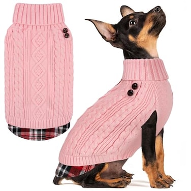KYEESE Dog Sweater Stretchy Knitwear Cat Clothes Soft Pullover Dog Sweaters for Small Dogs Girl Thick Pet Coat for Fall Winter Cold Weather Warm Turtleneck Small Dogs Sweater with Gingham Patchwork