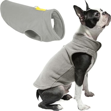 Gooby Fleece Vest Dog Sweater GrayYellow Medium Warm Pullover Fleece Dog Jacket with ORing Leash for Small to Medium Dogs