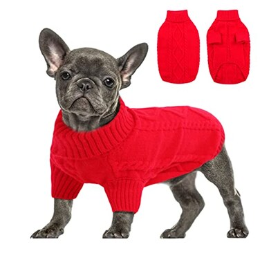 Queenmore Small Dog Pullover Sweater Cold Weather Cable Knitwear Classic Turtleneck Thick Warm Clothes for Chihuahua Bulldog Dachshund Pug Red Small