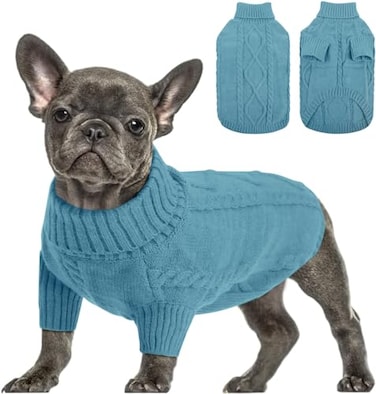 Queenmore Small Dog Pullover Sweater Cold Weather Cable Knitwear Classic Turtleneck Thick Warm Clothes for Chihuahua Bulldog Dachshund Pug Peacock Blue Small