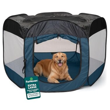 FurHaven SoftSided Dog Cat Playpen Portable Foldable Indoor Outdoor Pet Playpen with Mesh Windows Zippered Door Sailor Blue Extra Large