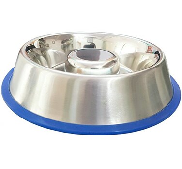 Mr. Peanut's Mr Peanuts Stainless Steel Interactive Slow Feed Dog Bowl with a Blue Base Fun Healthy Bloat Stop Feeder Large