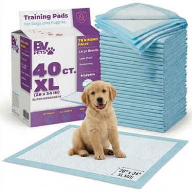 BV Puppy Pads XL 40 Count 34x28 LeakProof Pee Pads for Dogs with 6Layer Design Rapid Dry Sheet Attractant Dog Pad Extra Large with Odor Control Perfect for Big Dogs Indoor Use