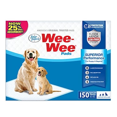 Four Paws WeeWee Superior Performance Unscented Pee Pads for Dogs Puppies Quilted LeakProof Dog Housebreaking Potty Training Floor Protection 22 x 23 150 Count