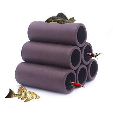 DOHO Aquarium Cave Handmade Brown Ceramic Shelters Shrimp and Small Fish Habitat Breeding Tube Hiding cave Hideaway Pipes Reduce Stress Encourage Spawning Aquarium Decorative Six Holes
