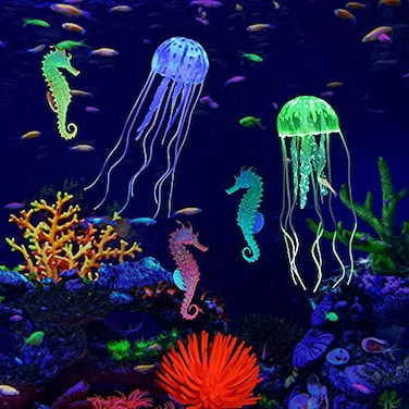 Lpraer 6 Pieces Glow Aquarium Ornaments Artificial Glow Floating Jellyfish Seahorse Anemones Silicone Simulation Fish Tank Decorations for Fish Tank