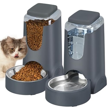 HWONMTE Automatic Cat Feeder and Water Dispenser with Stainless Steel Bowl Dog Gravity Food Feeder and Waterer for Small Medium Pets Puppy Kitten 1 Gallon x 2