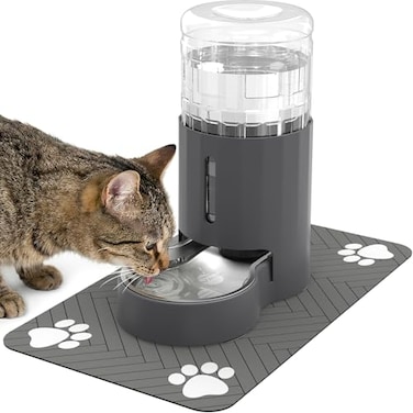 JUNSPOW Cat Water Dispenser with Placemat and Stainless Steel Bowl Automatic Gravity Water Dispenser for Cats or Small Medium Size Dogs Large Capacity Easy to Clean and Safe for Pets 4L