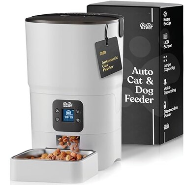 Pitpet Smart Automatic Cat Feeder 6L Reliable Automatic Cat Food Dispenser with Display LCD Screen for Easy Set Up White