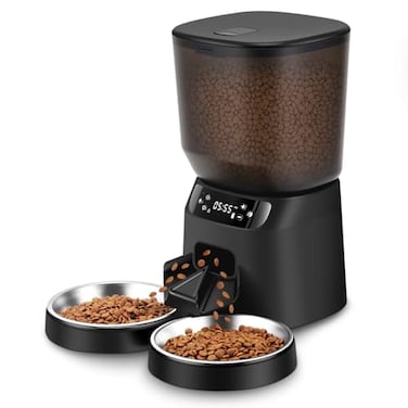 KATALICLAB Automatic Cat Feeders for Two Cats 5L20 Cups Double Automatic Cat Food Dispenser with 2 Stainless Bowls Timer Setting 20 Portions 6 Meals Per Day 10s Meal Call Black