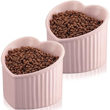 Mumufy 2 Pcs Ceramic Elevated Cat Bowls Tilted Elevated Raised Pet Bowls Anti Vomit Cat Dish for Indoor Stress Free Water Dish Feeder for Puppies Heart ShapedPink