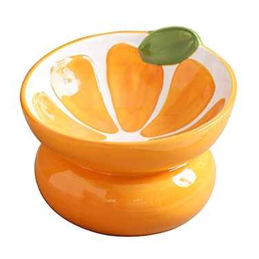 Yeexoxow Ceramic RaisedElevated Cat Food Bowl for Indoor Cats Anti Vomiting Protect Pets Spine Cute Fruit Themed Tilted Cat Dish for Flat Faced Cats and Kitten Orange Shaped