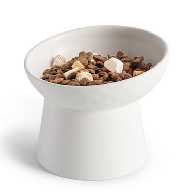 YauYik Small Raised Cat Bowls Ceramic Tilted Elevated Food or Water Bowls Stress Free Backflow Prevention Dishwasher Microwave Safe Lead Cadmium Free White