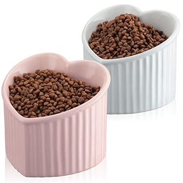 Mumufy 2 Pcs Ceramic Elevated Cat Bowls Tilted Elevated Raised Pet Bowls Anti Vomit Cat Dish for Indoor Stress Free Water Dish Feeder for Puppies Heart ShapedPink White