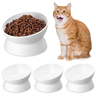 Bokon 4 Pcs Elevated Cat Food Bowls Plastic Raised Cat Bowls Tilted Pet Feeding Water Dish Protect Pets Spines Anti Vomiting Dish for Flat Faced Indoor KittenWhite