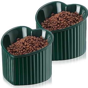 Mumufy 2 Pcs Ceramic Elevated Cat Bowls Tilted Elevated Raised Pet Bowls Anti Vomit Cat Dish for Indoor Stress Free Water Dish Feeder for Puppies Heart ShapedPeacock Green