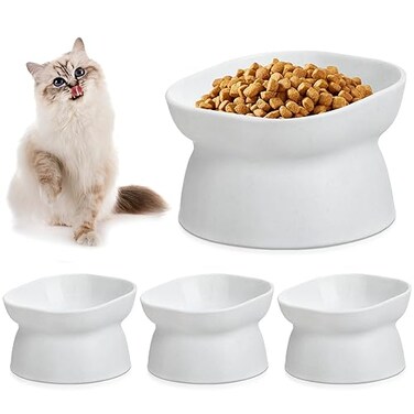 Clysee 4 Pieces Plastic Tilted Elevated Cat Bowls Raised Cat Food Bowls Elevated Feeding Dish for Flat Faced Kitten Kitty Pets SuppliesWhite