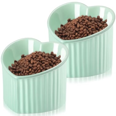 Mumufy 2 Pcs Ceramic Elevated Cat Bowls Tilted Elevated Raised Pet Bowls Anti Vomit Cat Dish for Indoor Stress Free Water Dish Feeder for Puppies Heart ShapedGrass Green