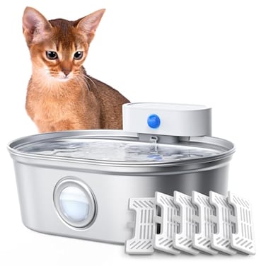 uahpet Wireless Cat Water Fountain Stainless Steel Pro External Pump Battery Operated Pet Waterer Dog Drinking Dispenser with Water Level Window 67oz2L