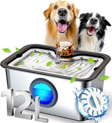 FurryPlanet Large Dog Water Fountain SS30412L UltraPurification Pet Drinking Dispenser with Visual WindowWidely Drinking AreaDeep Purification FilterTriple Waterfall StructureLow Water Indicator