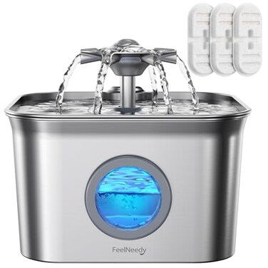 FEELNEEDY Stainless Steel Cat Water Fountain 28L with 20dB UltraQuiet Pump Ideal for Timid Pets LED Water Level Window Dishwasher Safe 247 Circulation Includes 3 Replacement Filters