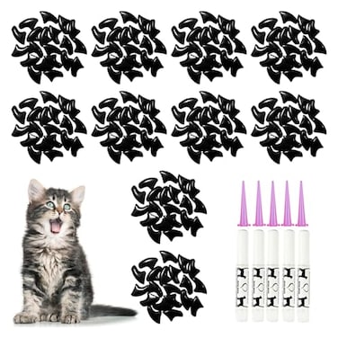 MiiOUU 100 pcs Cat Nail Caps Cat Claw Covers with Adhesives and Applicators Black XS