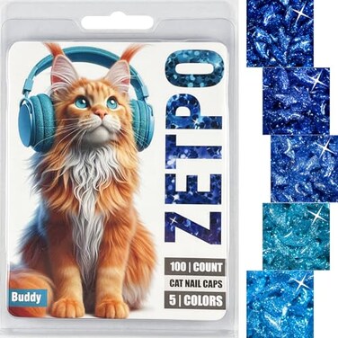 zetpo 100 pcs Cat Nail Caps Cat Claw Covers with Adhesives and Applicators S 5X Blue Glitter Shades