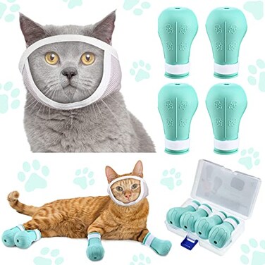 Hillban Cat Muzzle for Grooming with 4 Silicone Boots Breathable Transparent Face Guard Silicone Cat Claw Covers Anti Scratch Booties to Prevent Scratching Biting Bathing TrimmingMedium