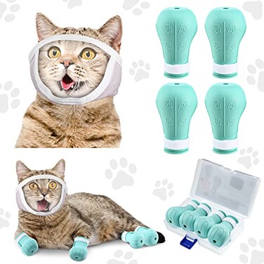Hillban Cat Muzzle for Grooming with 4 Silicone Boots Breathable Transparent Face Guard Silicone Cat Claw Covers Anti Scratch Booties to Prevent Scratching Biting Bathing TrimmingSmall