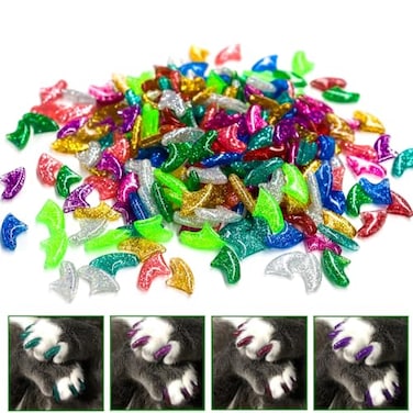 VICTHY 10 Colors 100pcs Cat Nail Caps Glitter Cat Claw Caps Kitten Caps with Adhesives and Applicators XS