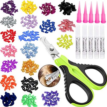 VICTHY 100pcs Cat Nail Caps with Clipper Set Cat Nail Clipper Nail Covers with Adhesive and Applicators Size Extra Small 5 COLORS