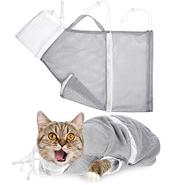 Shappy Cat Shower Net Bag Grooming Bathing Adjustable Washing Bag Multifunctional Cat Restraint Accessories Prevent Biting Scratching Nail Trimming Ears Clean Keeping CalmGrey